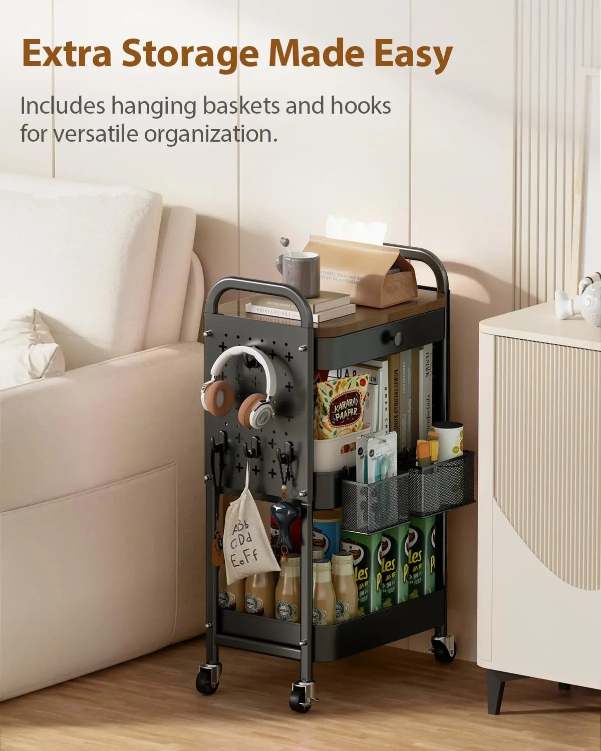 3-Tier Metal Rolling Utility Cart with Drawer and Wooden Tabletop, Features DIY Pegboards, Hanging Baskets, and Hooks for Versatile Use in Bedroom, Office, and Craft Supplies (Black)