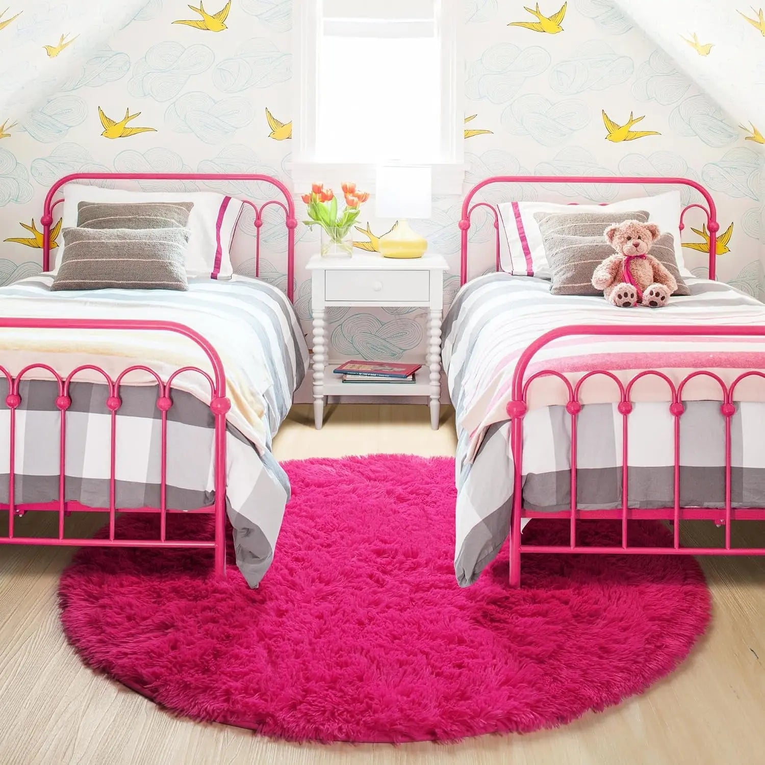 4Ft Hot Pink Round Fluffy Area Rug for Girls' Bedroom - Plush Shag Carpet for Kids' Room Decor, Living Room, Nursery, Dorm, Classroom, and Teen Spaces