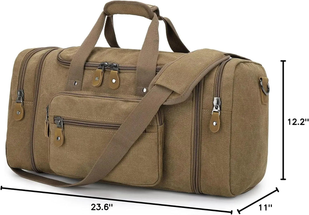 60L Canvas Duffle Bag for Travel - Overnight and Weekend Use (Coffee)
