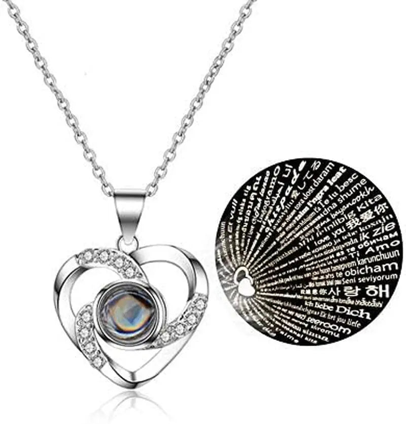 Mother's Day Gift Set: Preserved Real Flower Rose with Silver-Tone Heart Necklace Featuring "I Love You" in 100 Languages, Red Crystal Enchantment