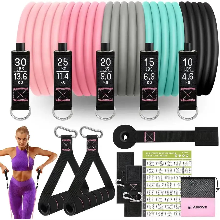 Professional Resistance Bands Set for Strength Training - 12-Piece Exercise Bands with Handles and Door Anchors, 10-100LB Range by Makaron