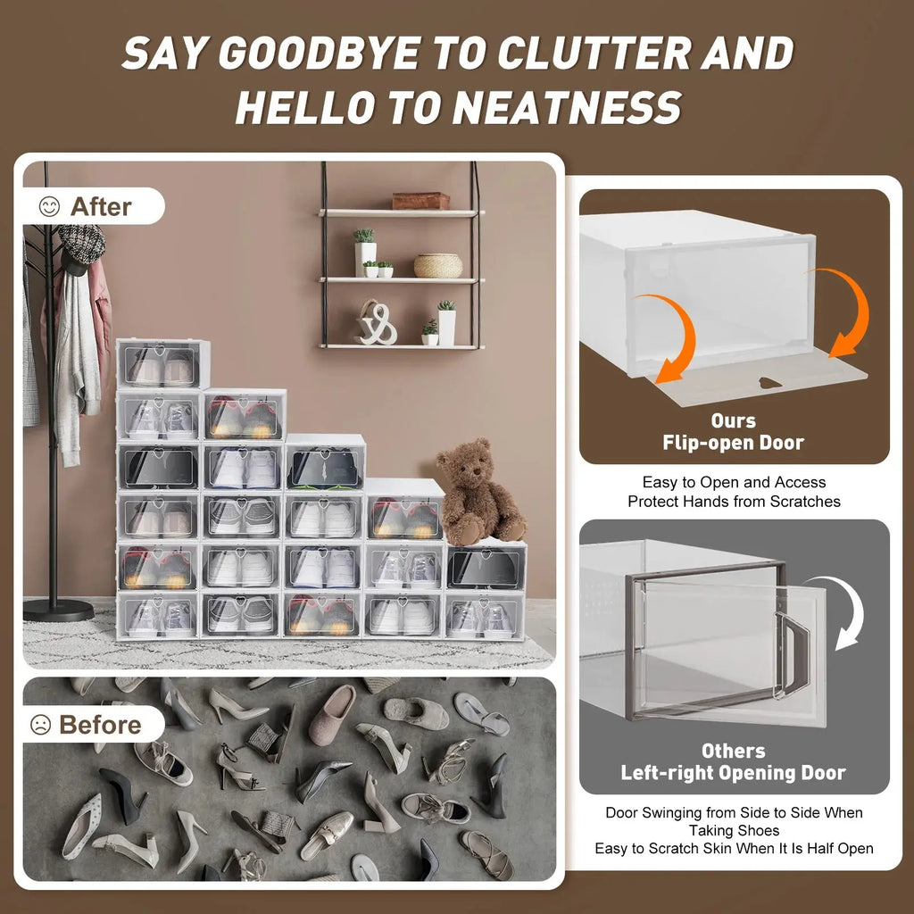 20-Piece Clear Stackable Shoe Storage Boxes - Rectangular Organizers for Shoes, Clothing, and Toys