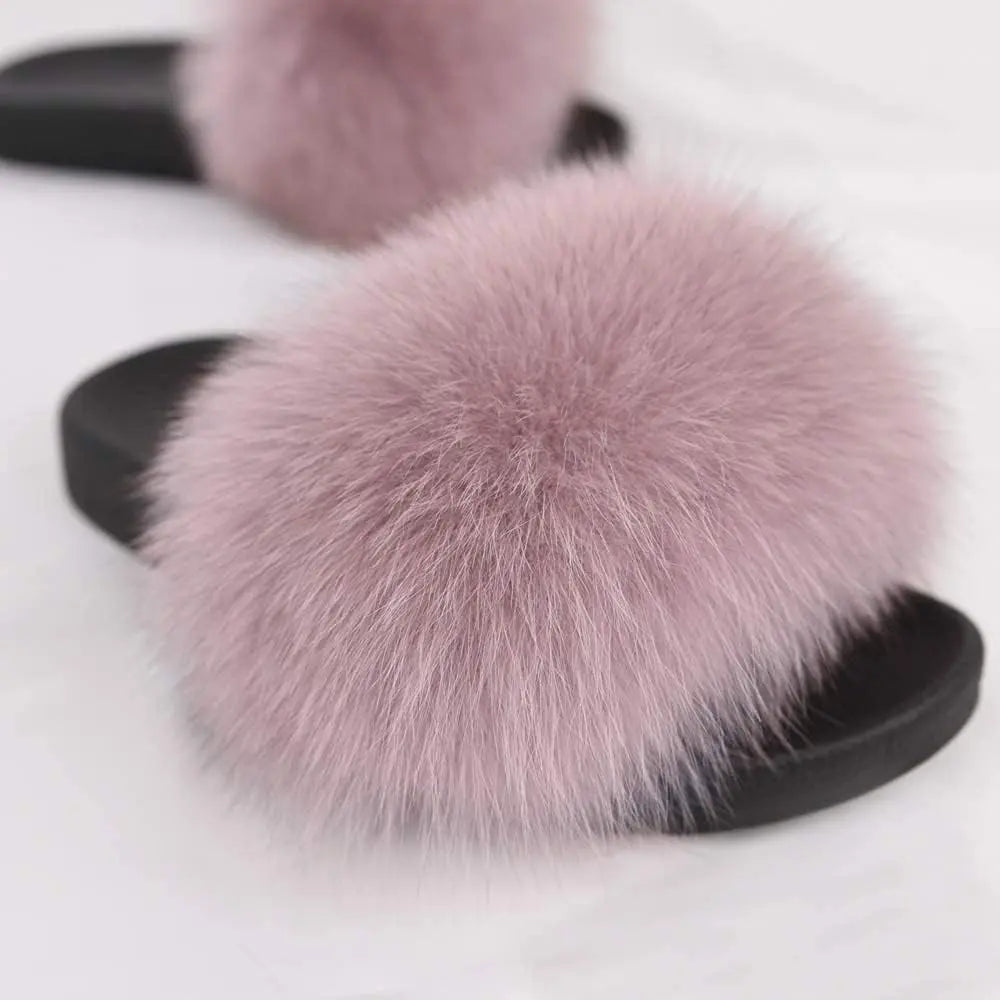 Jancoco Women's Max Real Fox Fur Slides - Luxurious Open Toe Flat Sandals for Outdoor Use