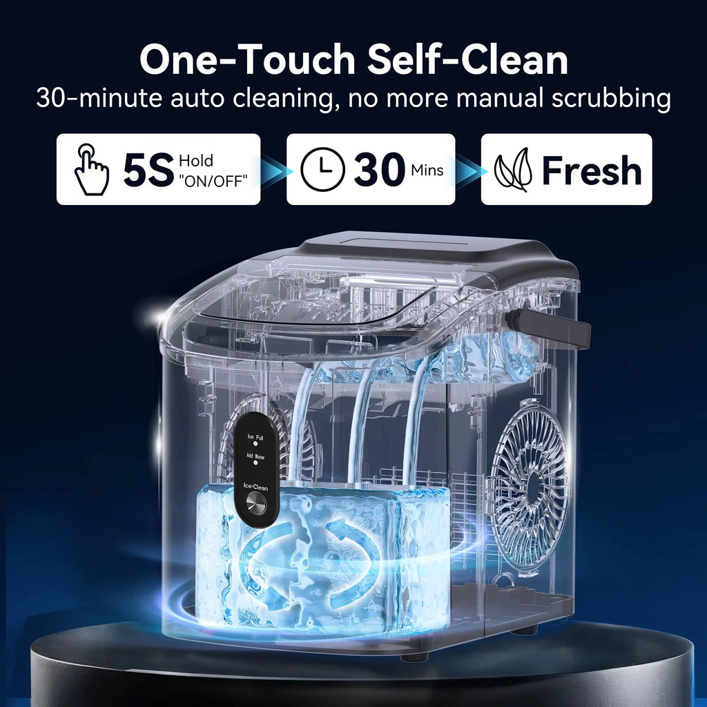 SIMZIFE Portable Countertop Ice Maker with Handle, Producing 26 lbs of Ice per Day, 9 Cubes in 6 Minutes, Auto-Cleaning Feature, Available in Black and Silver