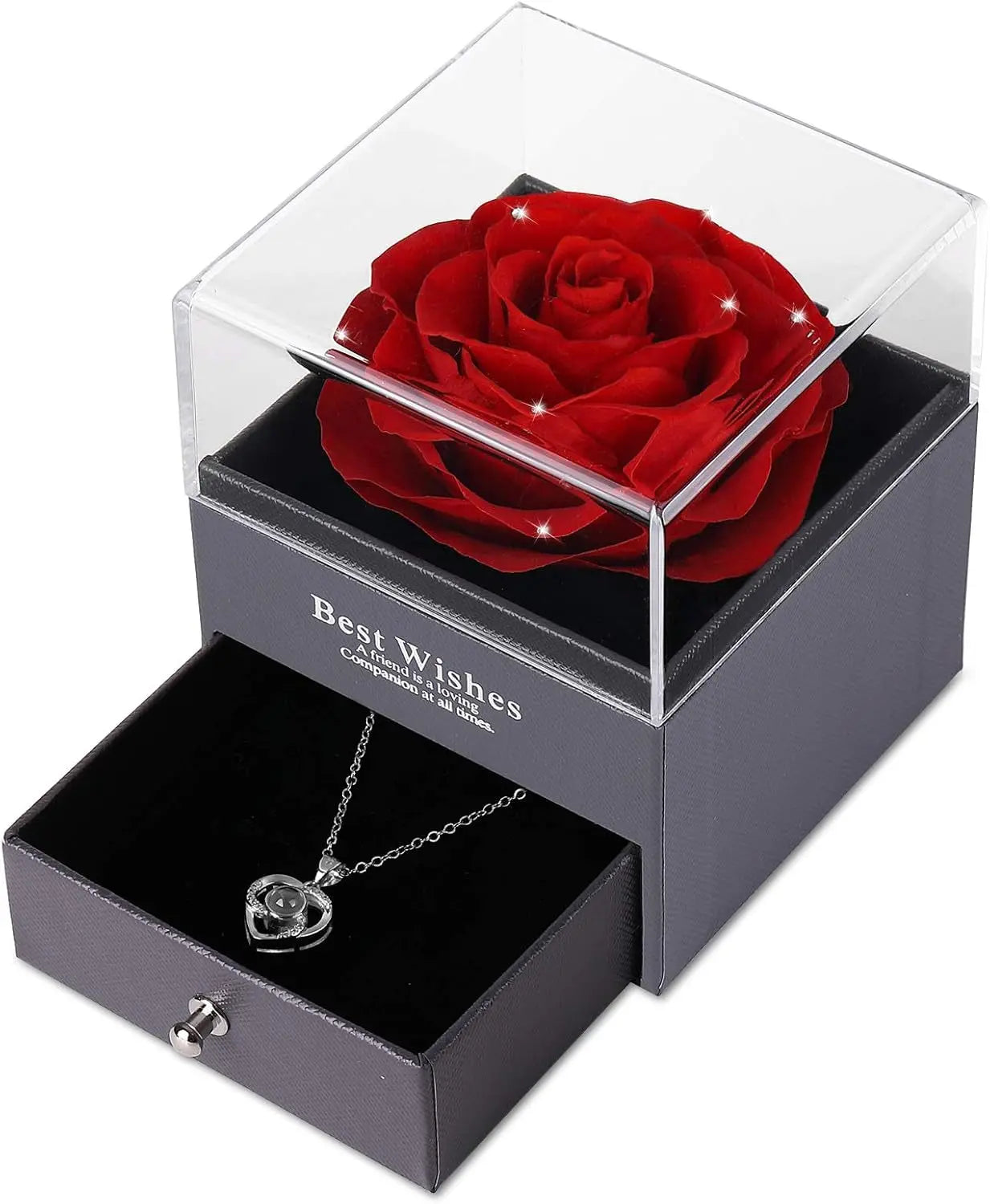 Mother's Day Gift Set: Preserved Real Flower Rose with Silver-Tone Heart Necklace Featuring "I Love You" in 100 Languages, Red Crystal Enchantment