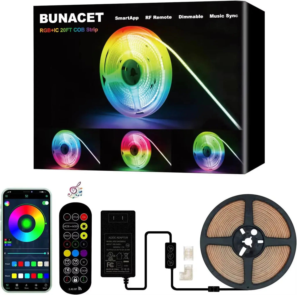 COB RGBIC LED Strip Lights 24V - 6M/12M Smart RGB Lighting for Bedroom with RF Remote and Bluetooth App Music Sync