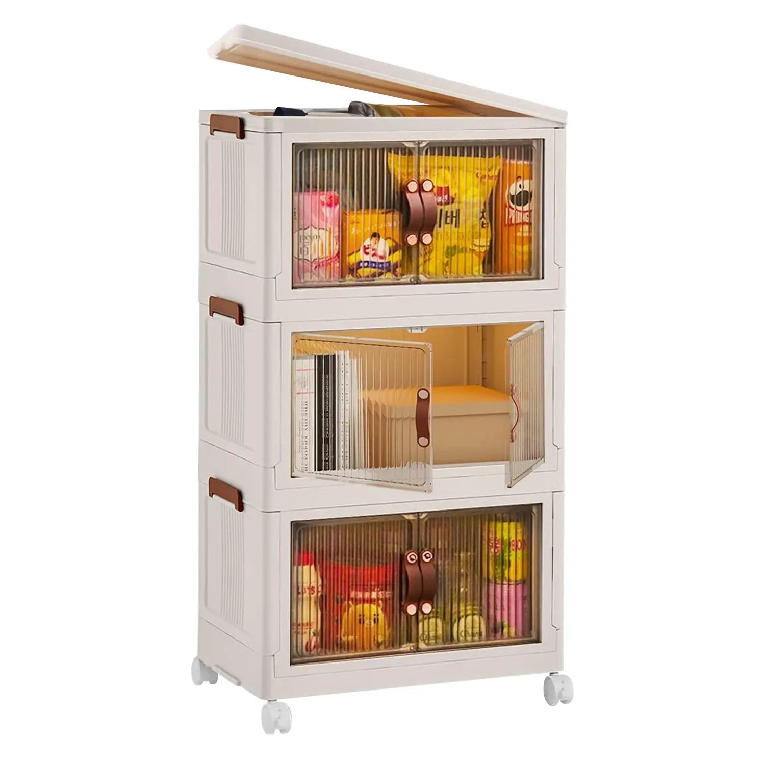 Set of 3 Foldable Storage Bins with Lids, Wheels, and Magnetic Front Doors for Convenient Shipping