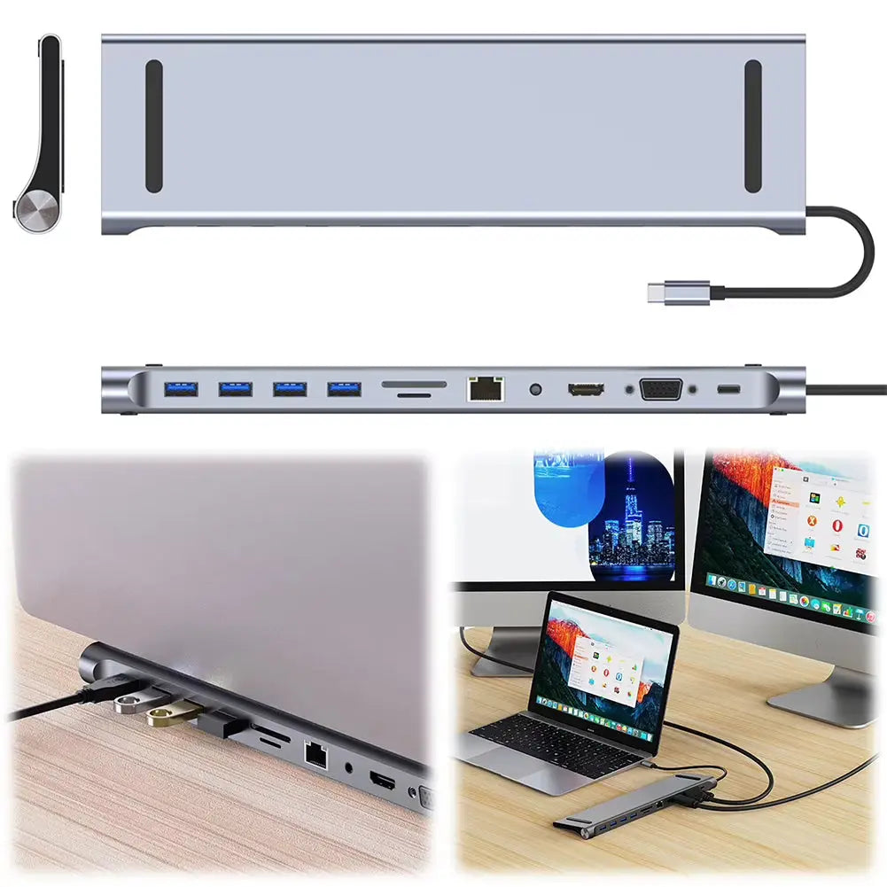 11-in-1 USB-C Docking Station with 4K HDMI, VGA, Ethernet, 100W Power Delivery, SD/TF Card Reader, and Audio Multiport Adapter for MacBook