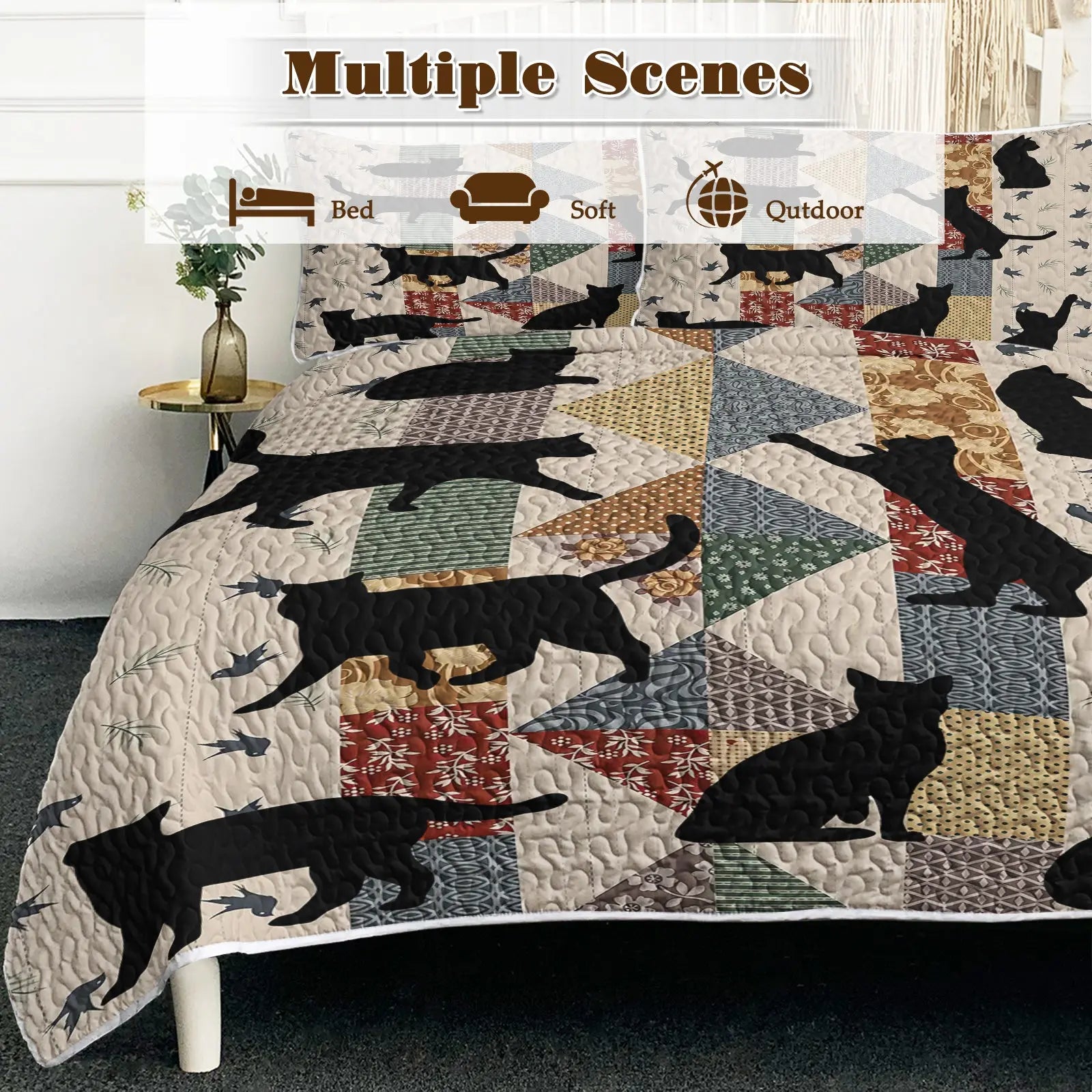 Black Cat Multi-Posture Pattern Blanket Set - 3 Pieces All-Season Bedding with 2 Pillowcases for Children, Teenagers, and Adults, Ideal for Bedrooms