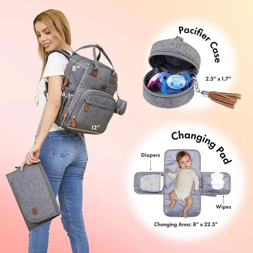 Multifunctional Diaper Bag Backpack with Portable Changing Pad, Pacifier Case, and Stroller Straps - Spacious Unisex Baby Bag for Parents, Gray