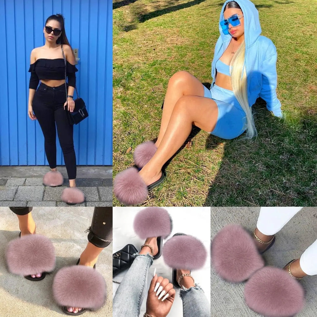 Jancoco Women's Max Real Fox Fur Slides - Luxurious Open Toe Flat Sandals for Outdoor Use