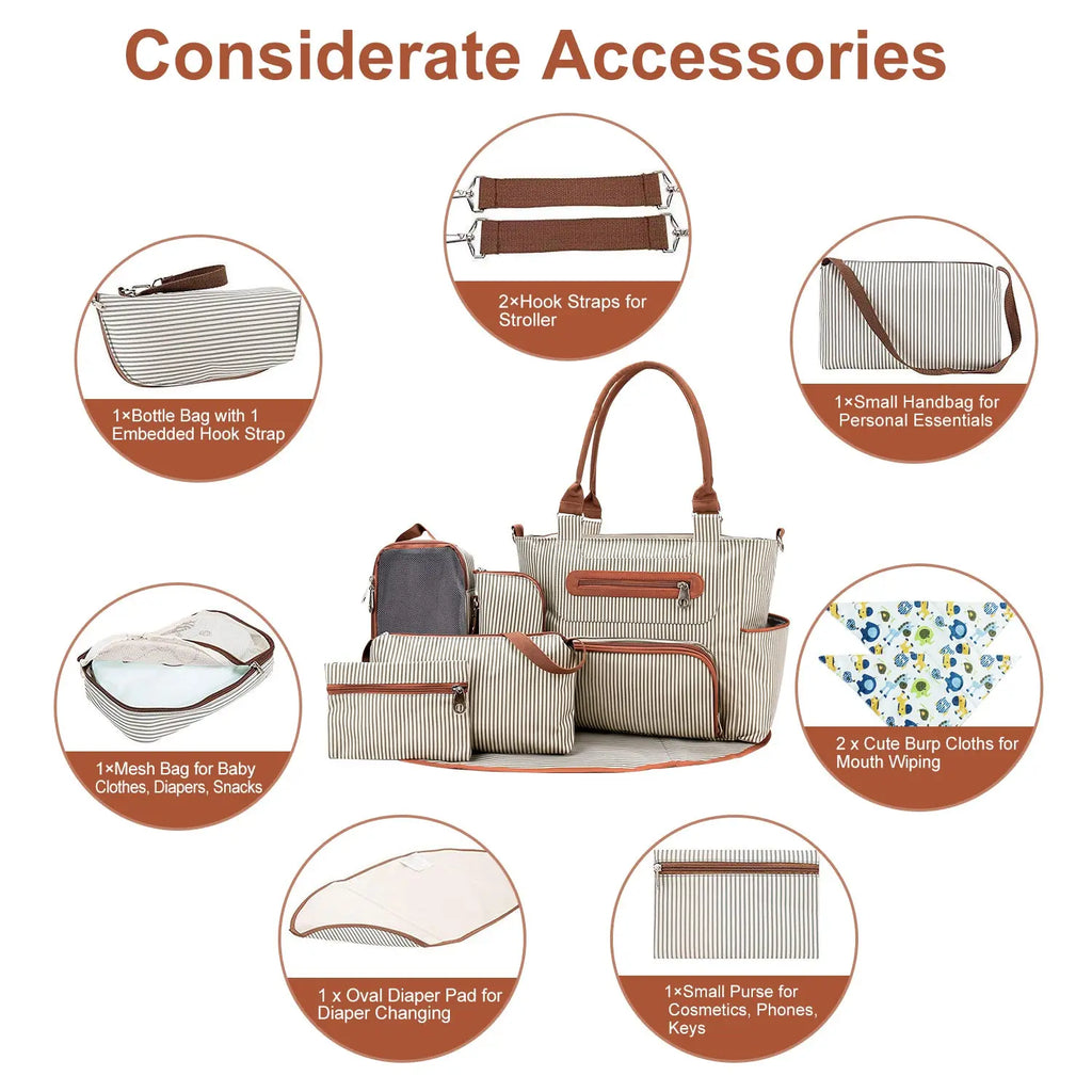 8-Piece Multifunctional Diaper Bag Set for Parents, Including Changing Bags, Bottle Bag, Mesh Bag, Purse, Diaper Pad, 2 Burp Cloths, and 2 Hook Straps