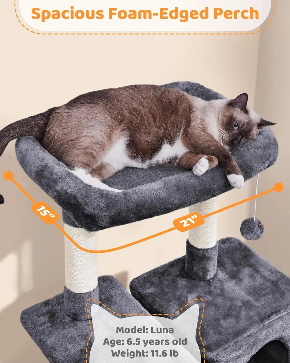 63-Inch Multi-Level Cat Tree with Sisal Scratching Posts, Condo, Hammock, Hanging Toy, and Extended Platform for Play and Rest