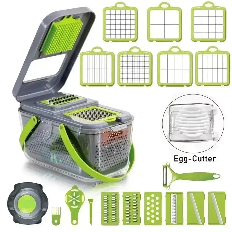 12-in-1 Manual Vegetable Cutter and Food Chopper with Container - Multifunctional Kitchen Gadget for Slicing and Shredding Potatoes and Vegetables