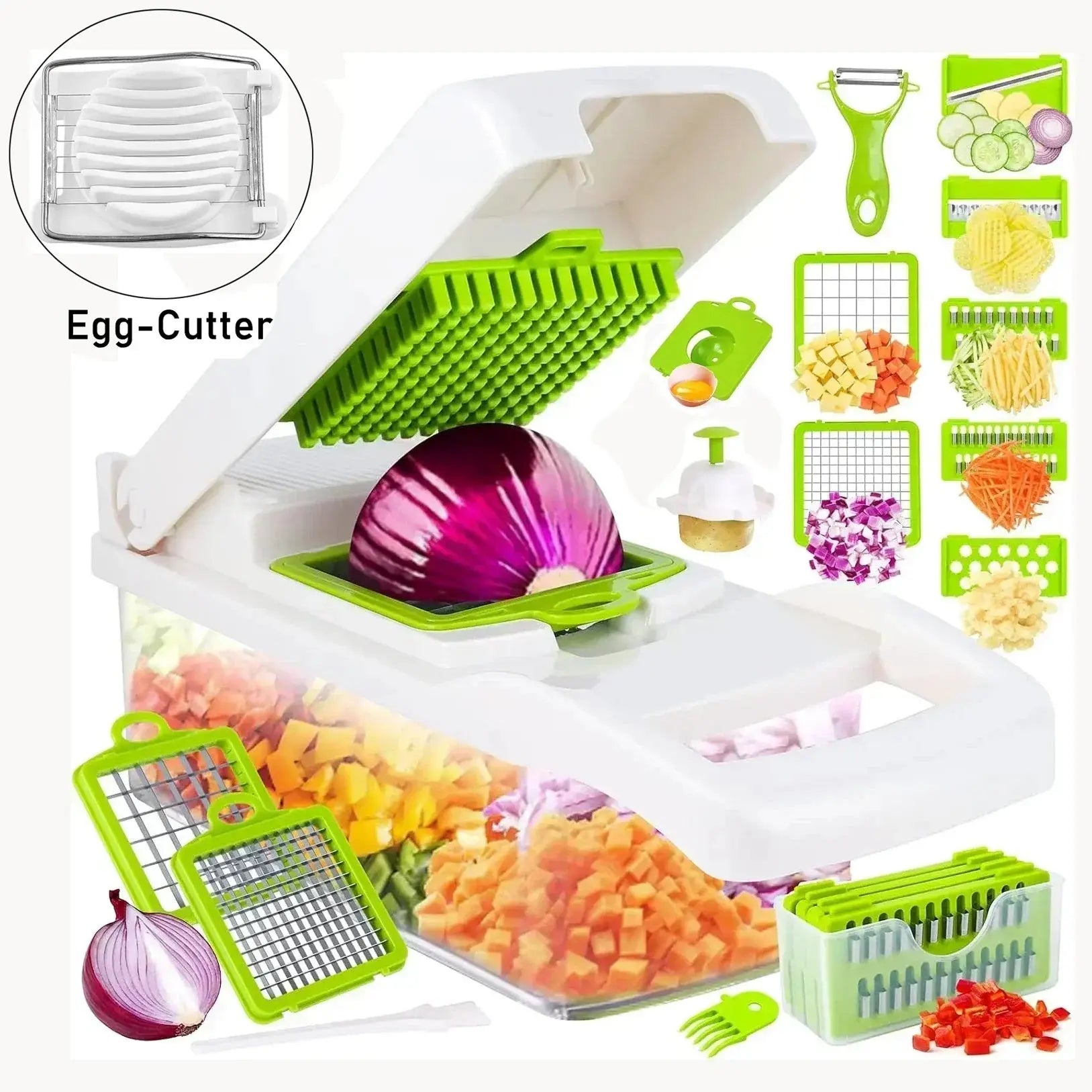 12-in-1 Manual Vegetable Cutter and Food Chopper with Container - Multifunctional Kitchen Gadget for Slicing and Shredding Potatoes and Vegetables