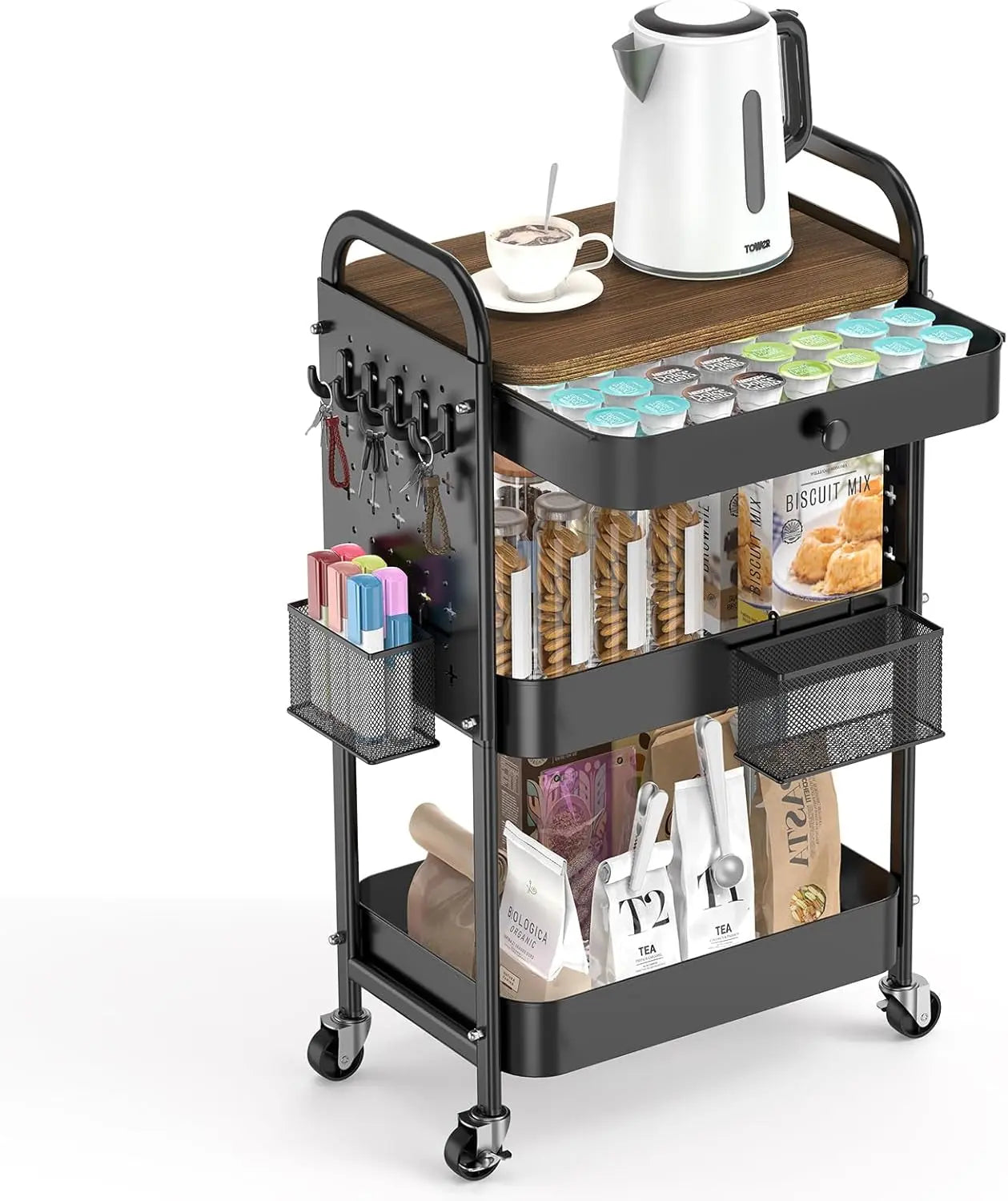 3-Tier Metal Rolling Utility Cart with Drawer and Wooden Tabletop, Features DIY Pegboards, Hanging Baskets, and Hooks for Versatile Use in Bedroom, Office, and Craft Supplies (Black)