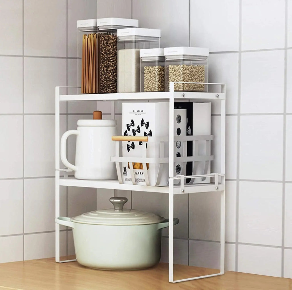 2-Pack Stackable Steel Frame Kitchen Cabinet and Counter Organizer Rack for Pantry, Bathroom, Bedroom, and Office - Rust Resistant and Non-Slip Design in White