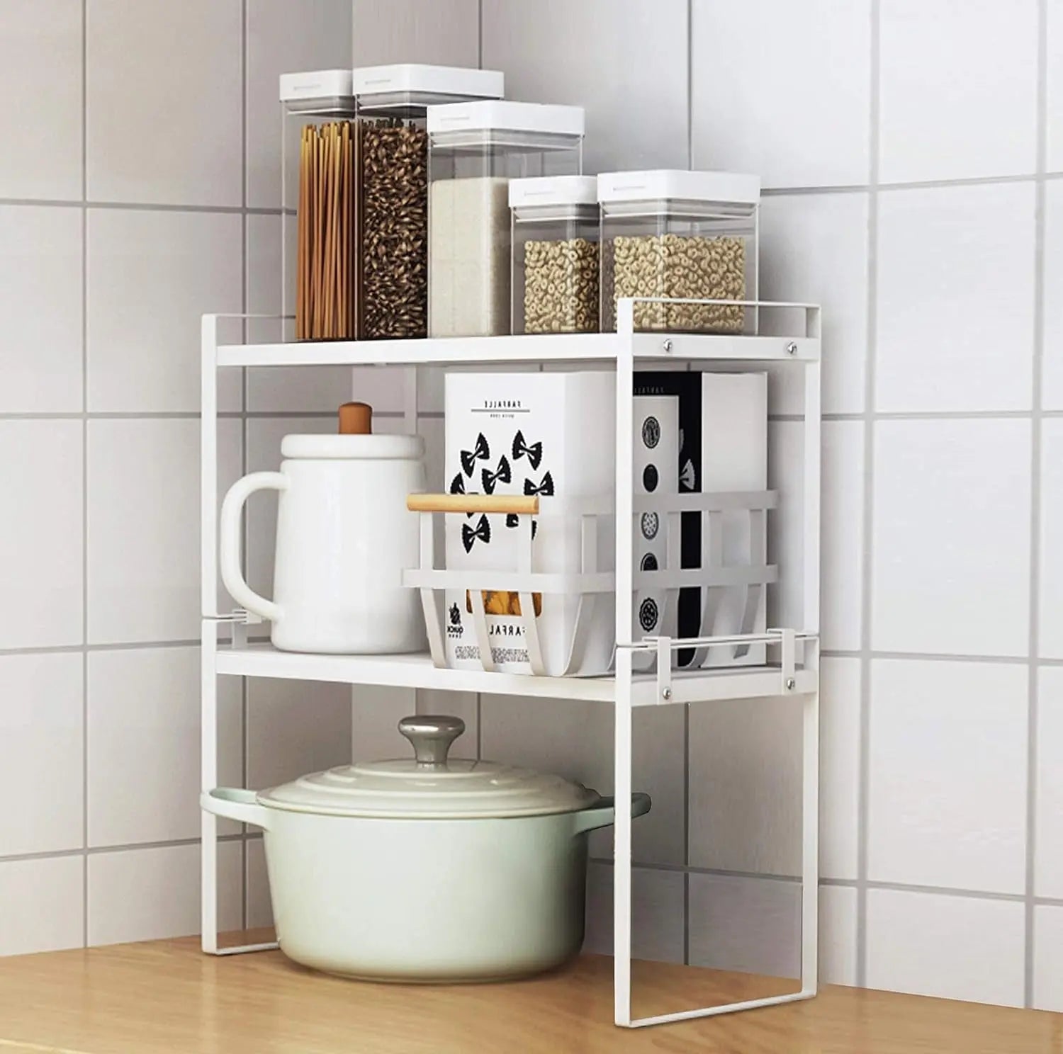 2-Pack Stackable Steel Frame Kitchen Cabinet and Counter Organizer Rack for Pantry, Bathroom, Bedroom, and Office - Rust Resistant and Non-Slip Design in White