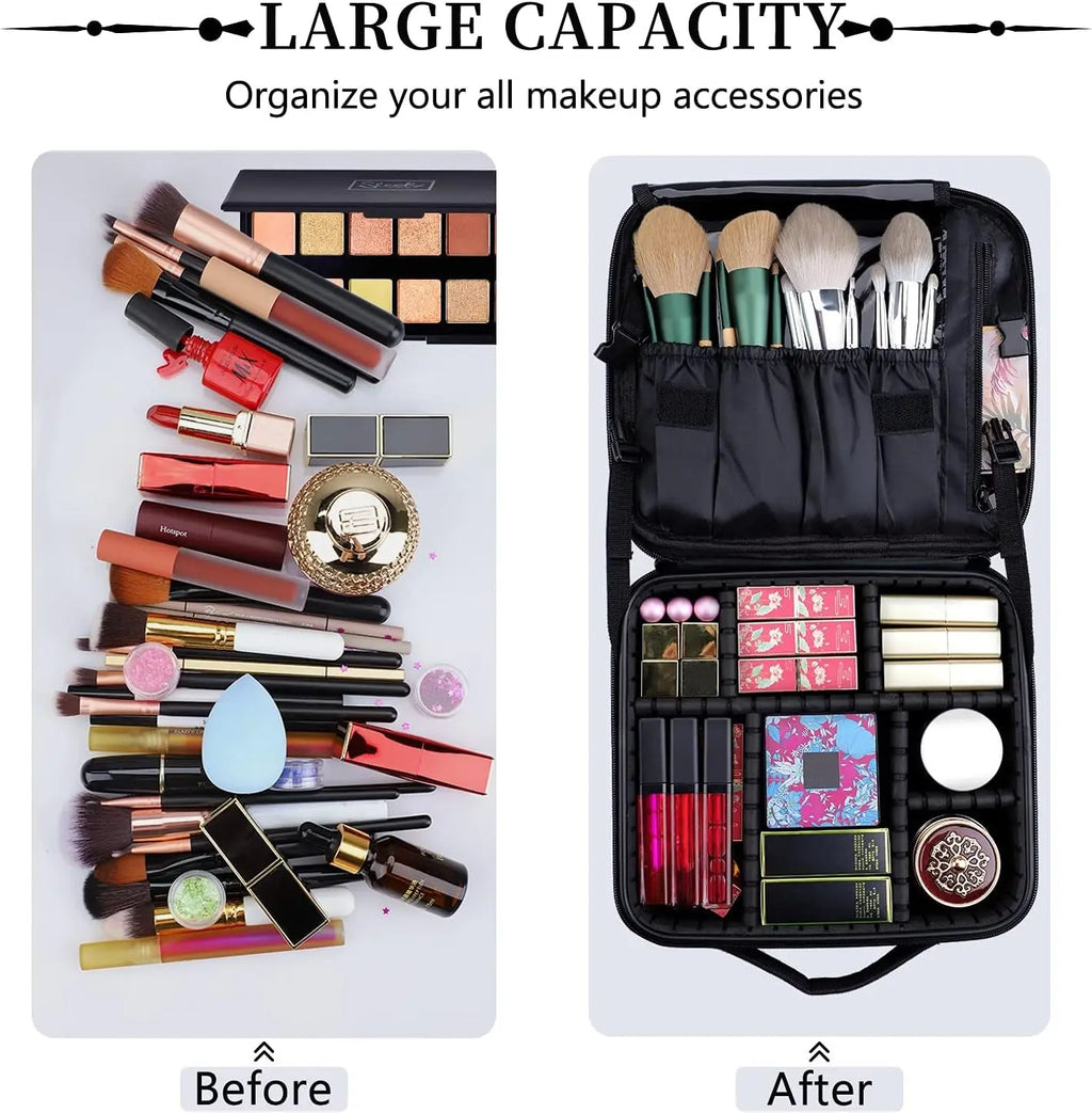 Portable 10.4" Makeup Train Case - Professional Artist Organizer with Adjustable Dividers in Oxford Cloth for Cosmetics and Brushes (Black)