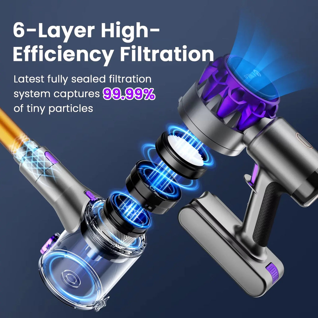 YISORA Cordless Vacuum Cleaner - 30Kpa Suction Power, 55 Minutes Runtime, Touchscreen Control, Ideal for Pet Hair and Carpets