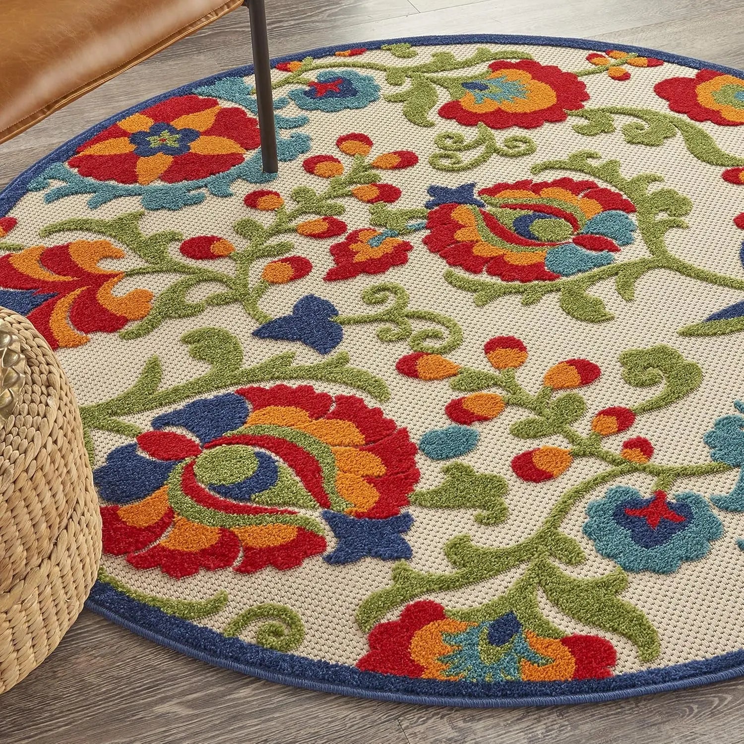 Nourish Aloha Indoor/Outdoor Multicolor 4' Round Area Rug - Easy to Clean, Non-Shedding, Suitable for Bedroom, Living Room, Dining Room, Backyard, Deck, and Patio