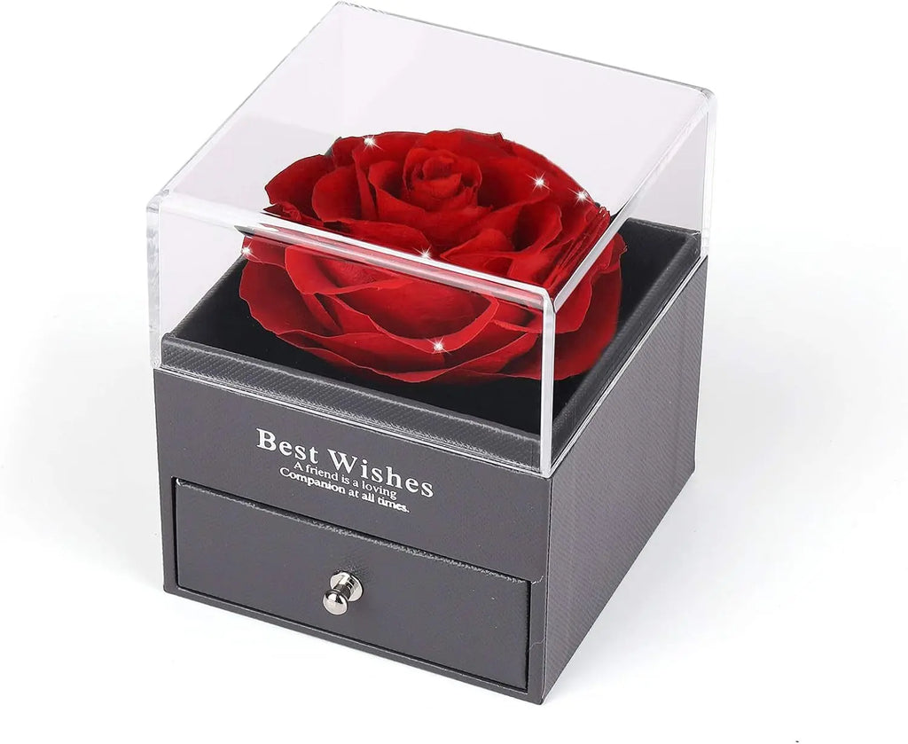 Mother's Day Gift Set: Preserved Real Flower Rose with Silver-Tone Heart Necklace Featuring "I Love You" in 100 Languages, Red Crystal Enchantment