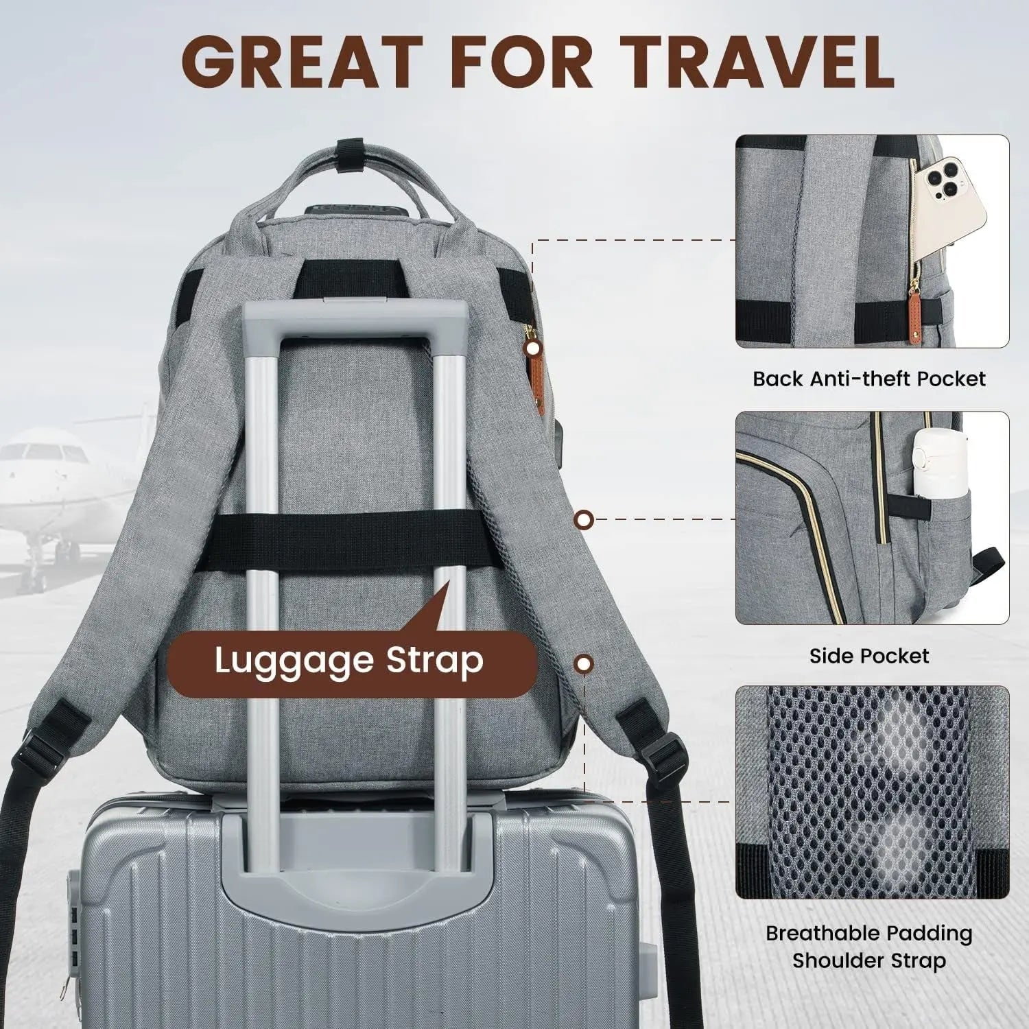 Unisex Anti-Theft Laptop Backpack for Travel and Work, Fits 15.6 Inch Laptops, Grey