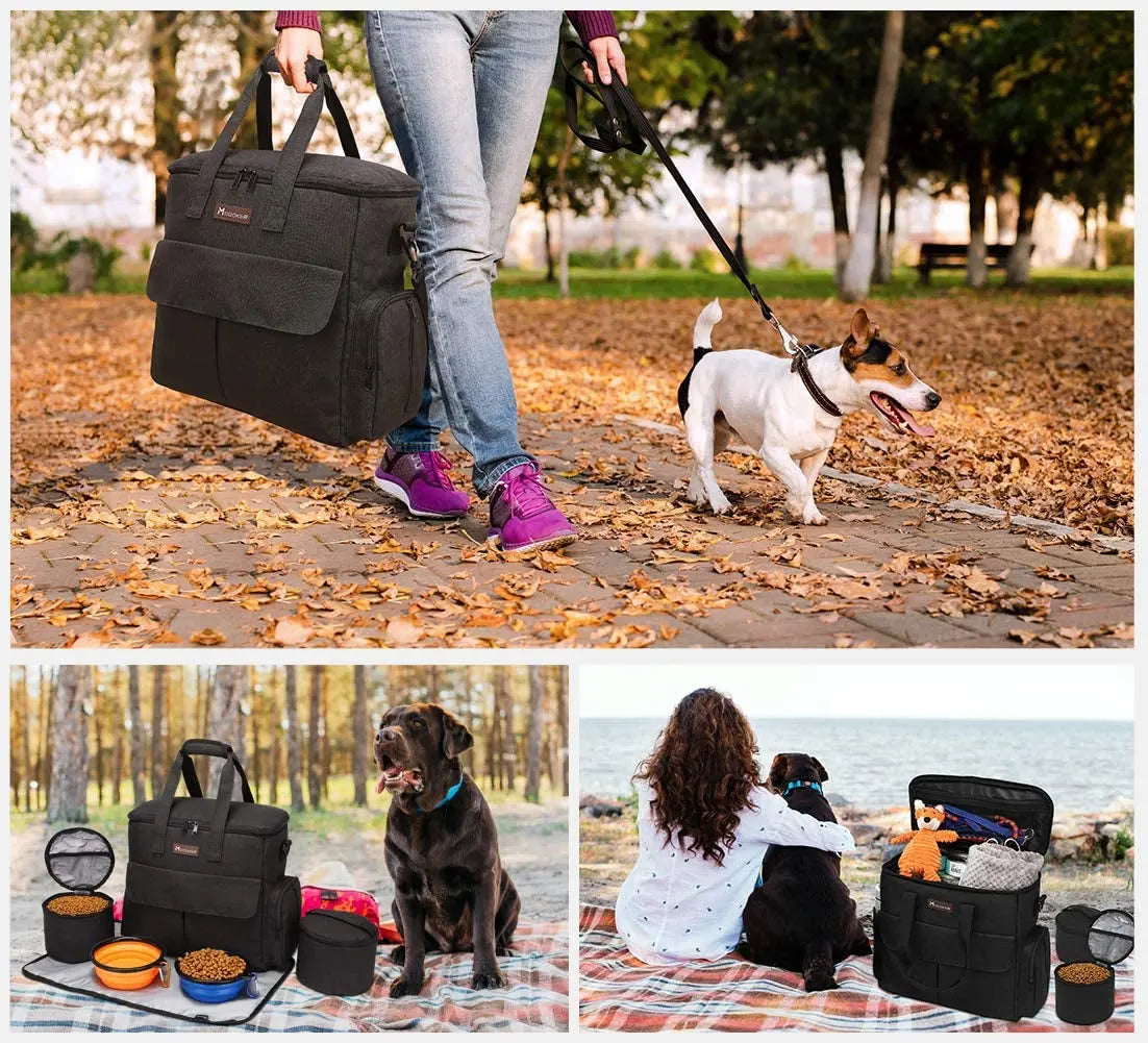 Dog Travel Bag - Comprehensive Weekend Travel Kit with Organizer, Collapsible Bowls, and Food Containers (Black)