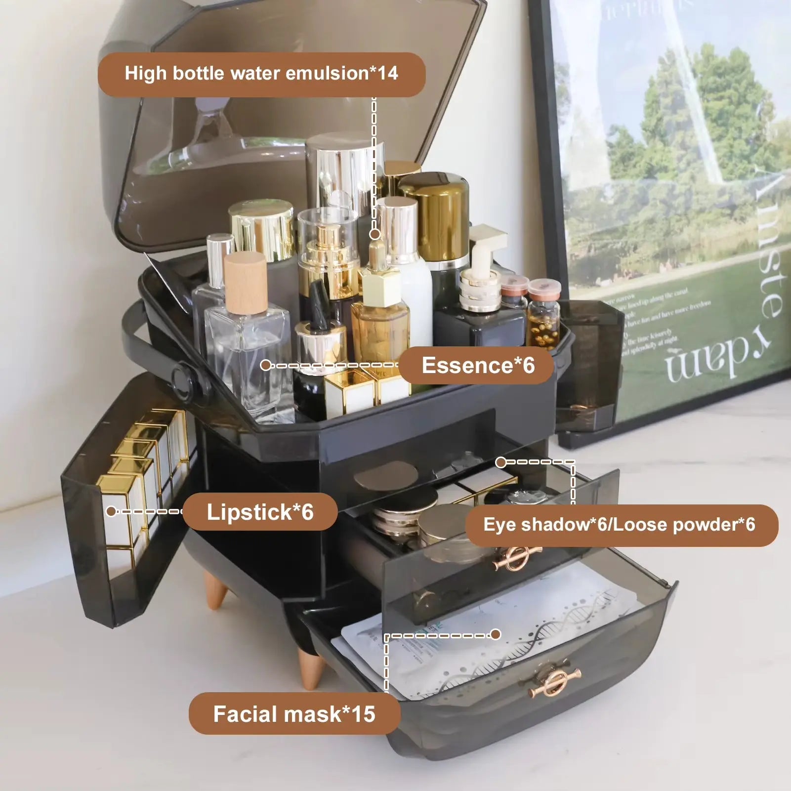 Vanity Makeup Organizer with Lid and Drawers - Portable Skincare Storage and Cosmetic Display Case