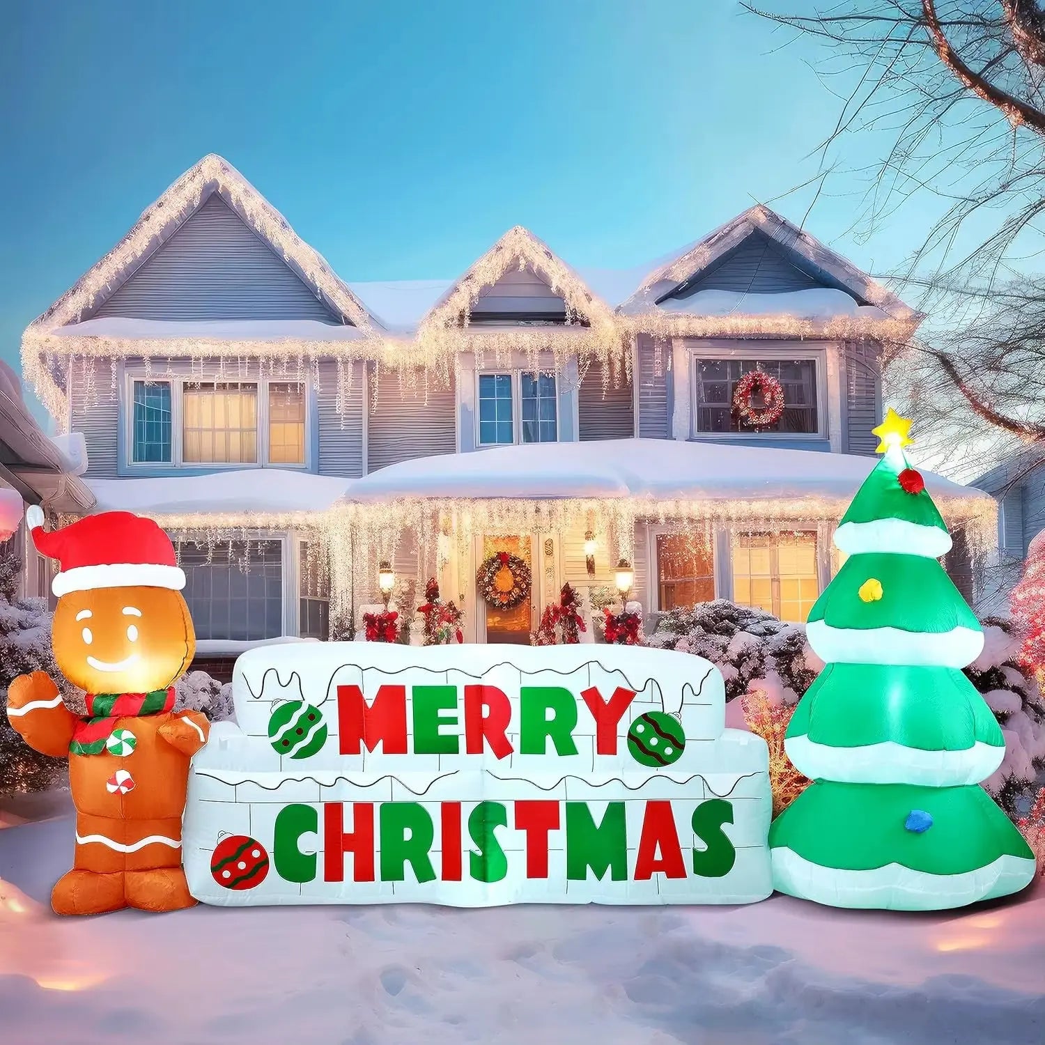 10 FT Christmas Inflatable Gingerbread Man & Christmas Tree Holiday Inflatable Outdoor Decoration for Xmas Party Gift
