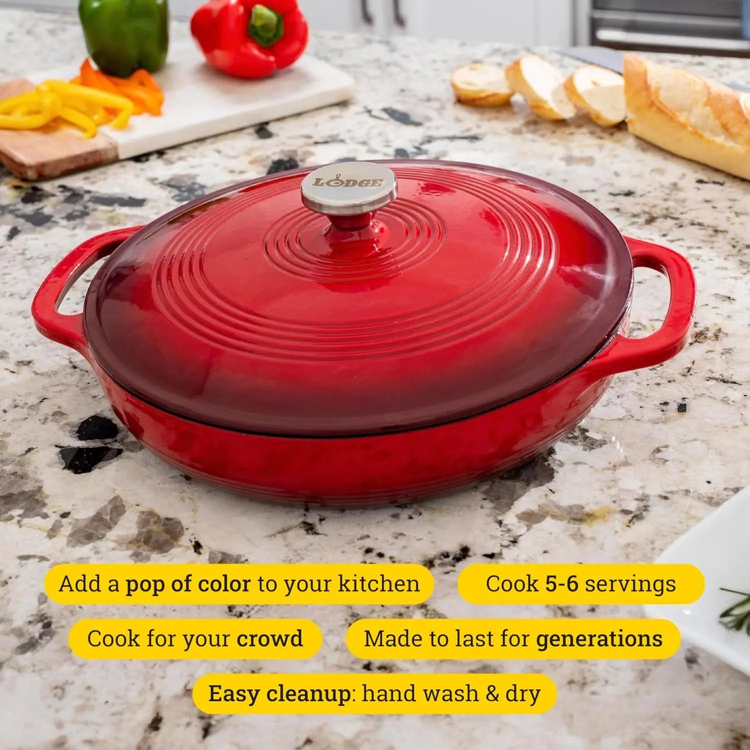 3.6 Quart Enameled Cast Iron Oval Casserole with Lid and Dual Handles – Oven Safe to 500°F – Versatile for Marinating, Cooking, Baking, Refrigerating, and Serving – Island Spice Red