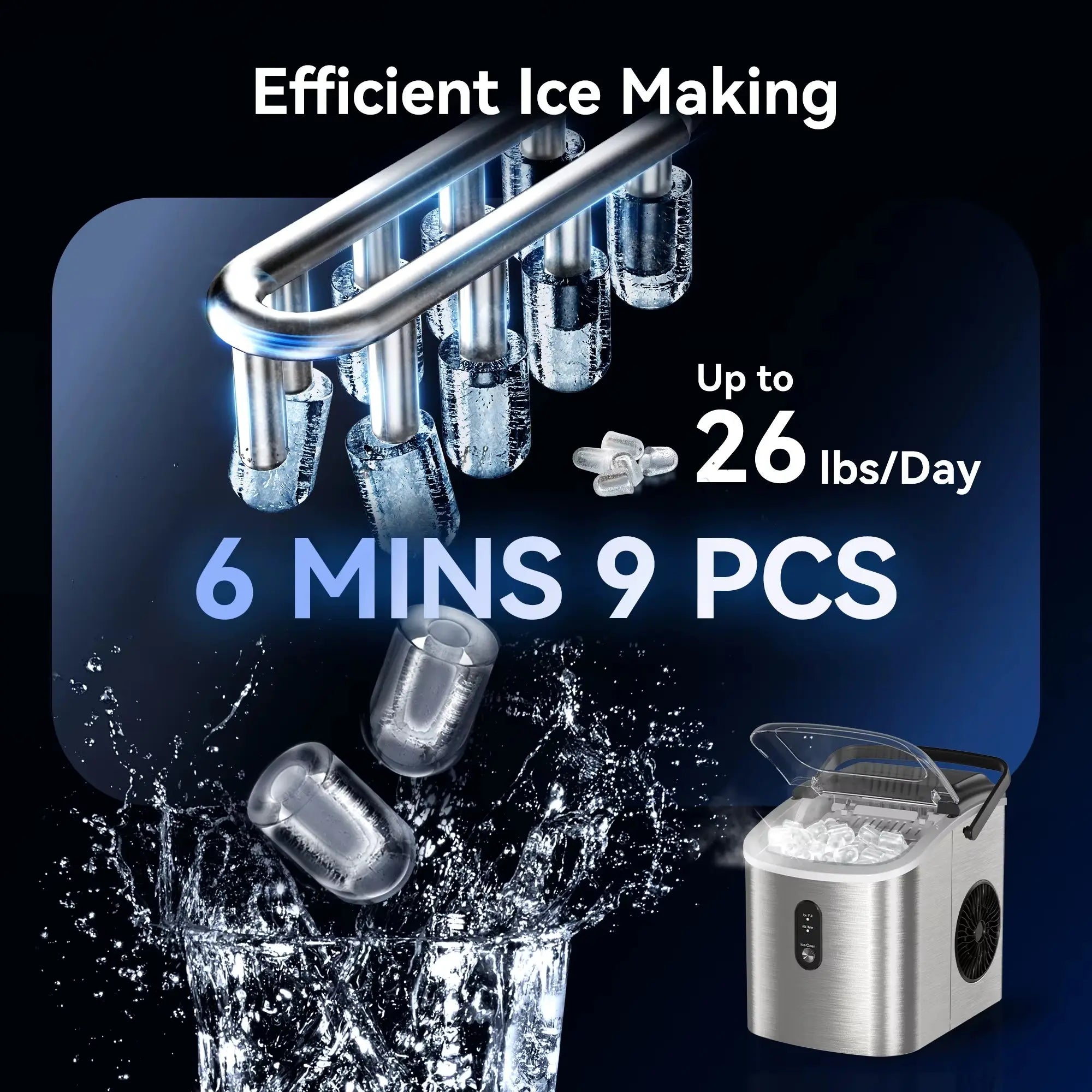 SIMZIFE Portable Countertop Ice Maker with Handle, Producing 26 lbs of Ice per Day, 9 Cubes in 6 Minutes, Auto-Cleaning Feature, Available in Black and Silver