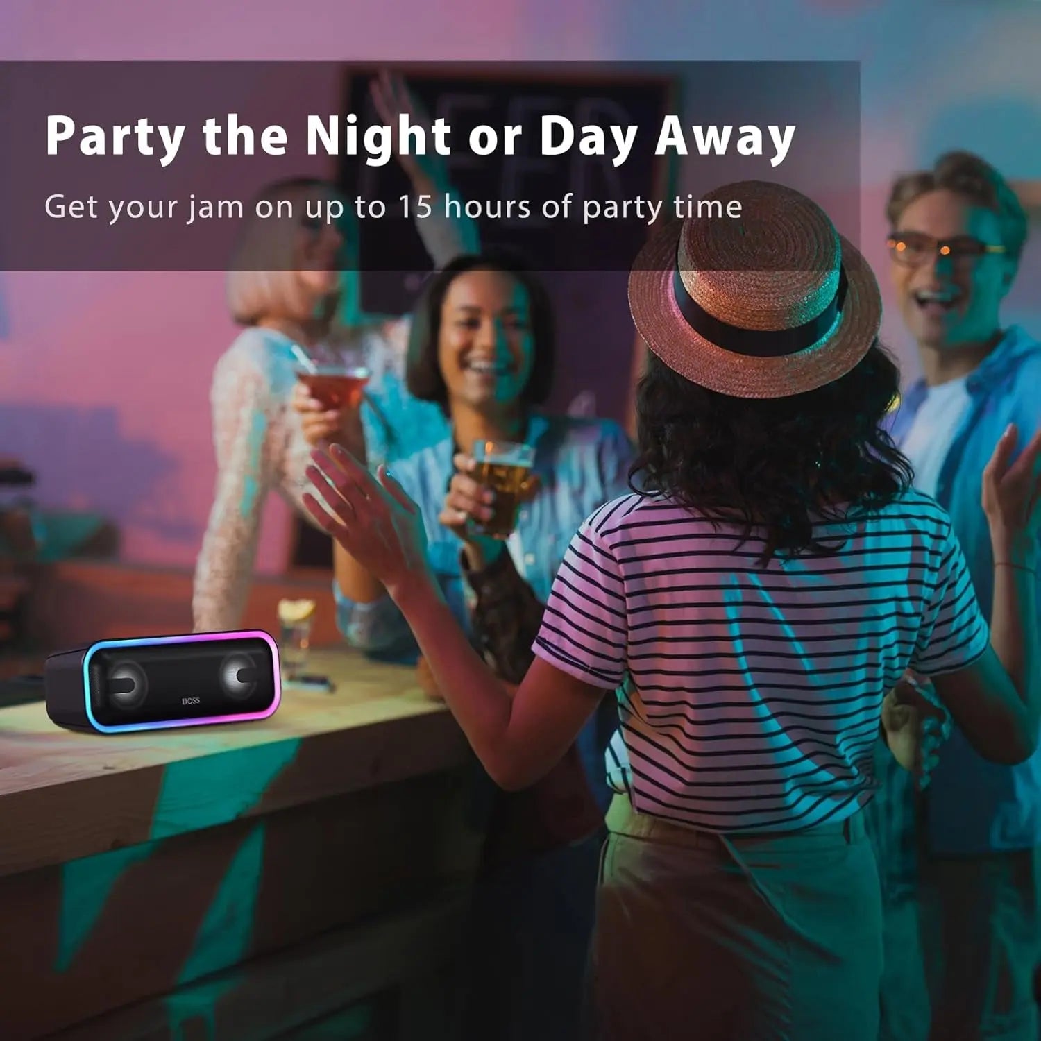 Soundbox Pro+ Bluetooth Speaker - 24W Immersive Stereo Sound with Enhanced Bass, IPX6 Waterproof, 15-Hour Playtime, Colorful LED Lights, Ideal Gift for Adults