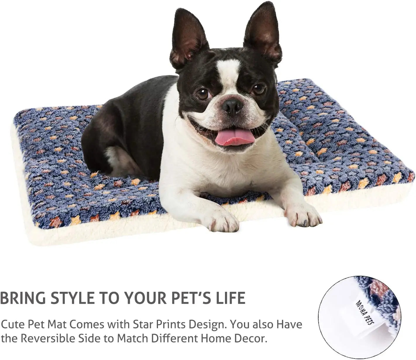 Ultra Soft Reversible Dog Bed Crate Pad with Star Print - Washable Mat for Dogs and Cats, 23 x 18 Inch, Dark Blue