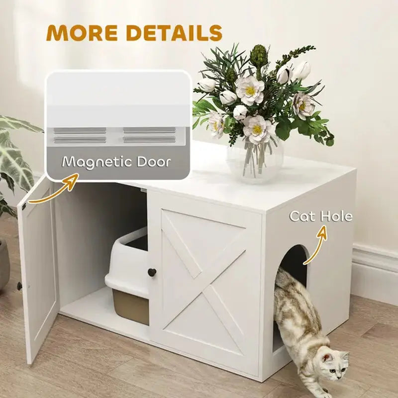 Cat Litter Box Enclosure with Barn Door and Access Opening
