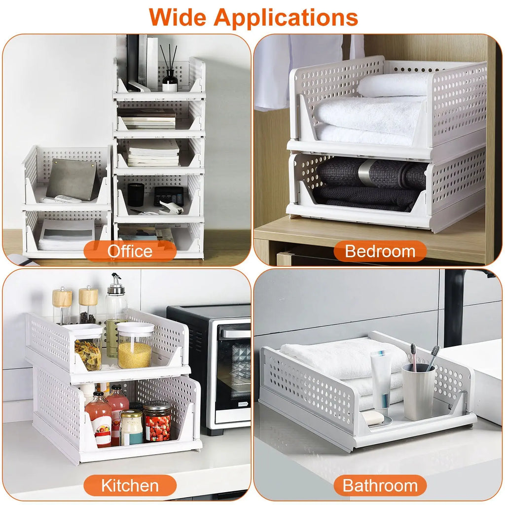 4-Pack Stackable Plastic Storage Boxes with Slide Rail for Living Room, Bedroom, and Wardrobe - FedEx Shipping Available