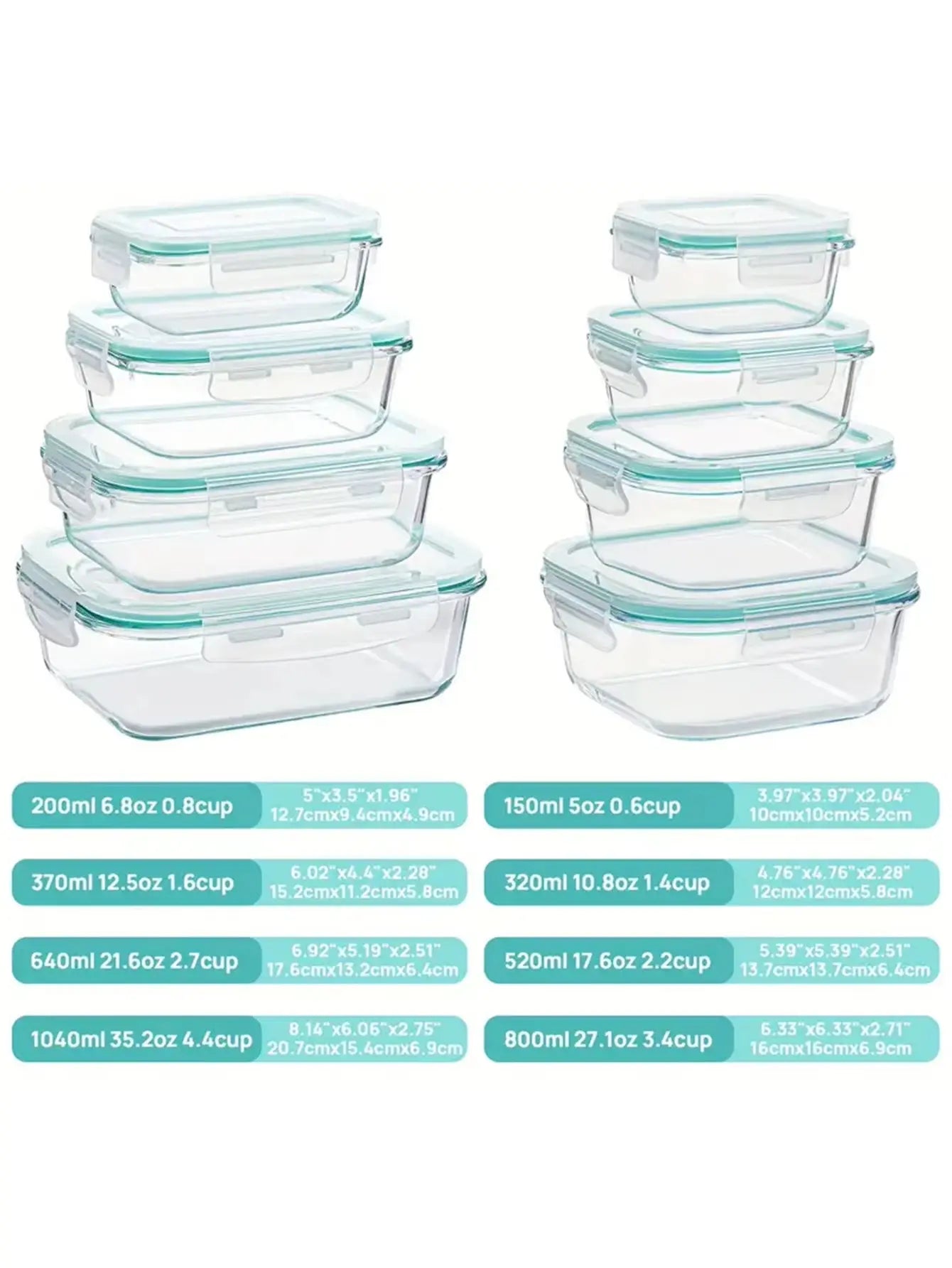 8-Piece Glass Meal Dispenser Bento Box Set with Leak-Proof Lids for Convenient Food Storage, Stackable Design, Easy to Clean and Organize