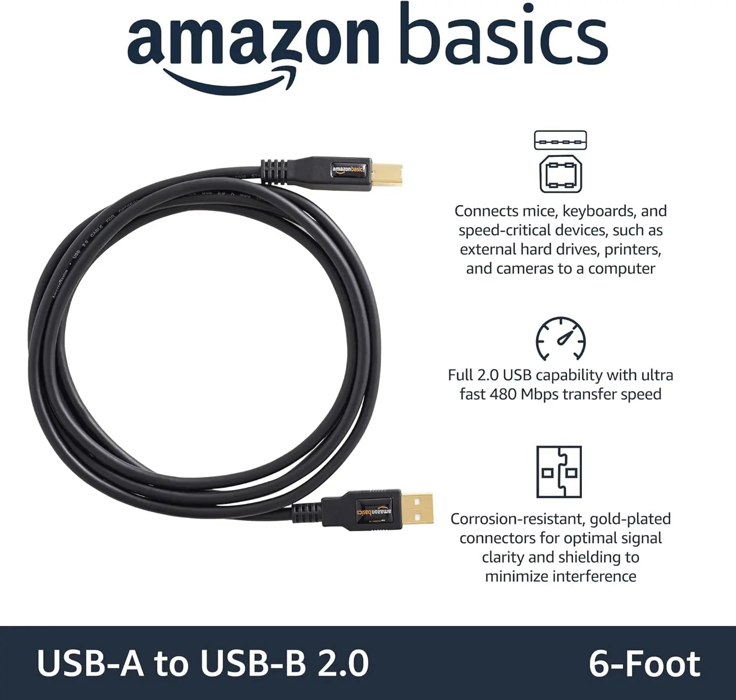 6-Foot USB-A to USB-B 2.0 Cable for Printers and External Hard Drives, Compatible with Computers, Featuring Gold-Plated Connectors, Black