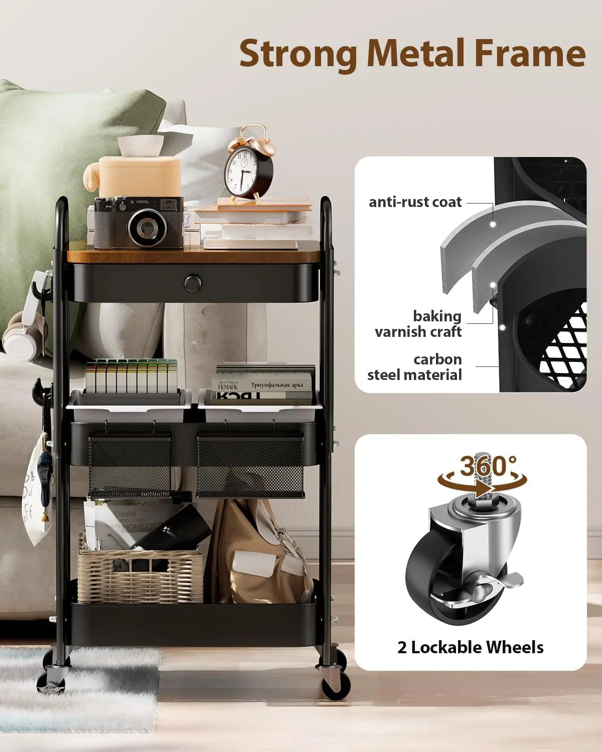 3-Tier Metal Rolling Utility Cart with Drawer and Wooden Tabletop, Features DIY Pegboards, Hanging Baskets, and Hooks for Versatile Use in Bedroom, Office, and Craft Supplies (Black)