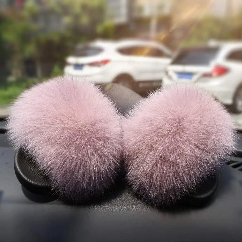 Jancoco Women's Max Real Fox Fur Slides - Luxurious Open Toe Flat Sandals for Outdoor Use