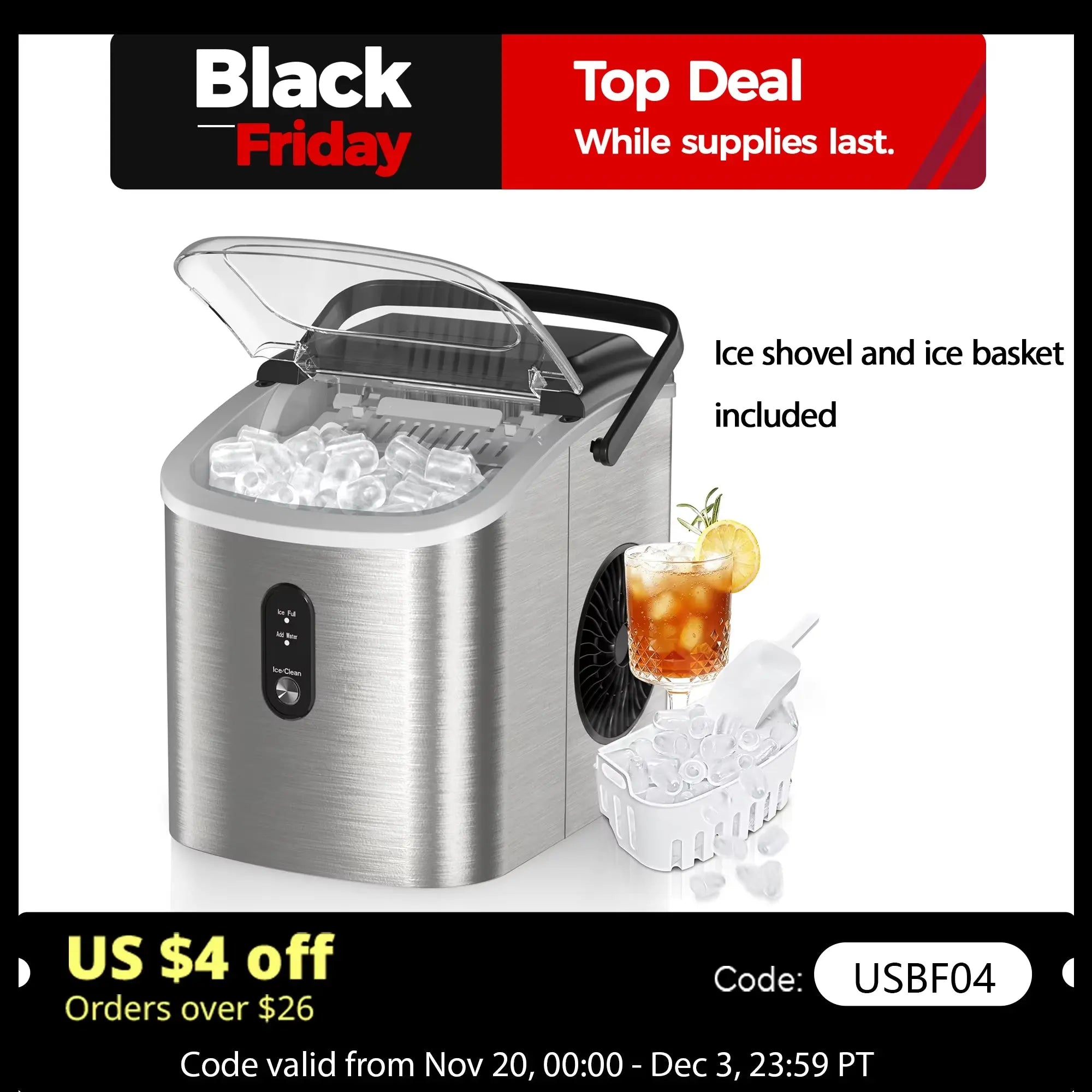 SIMZIFE Portable Countertop Ice Maker with Handle, Producing 26 lbs of Ice per Day, 9 Cubes in 6 Minutes, Auto-Cleaning Feature, Available in Black and Silver