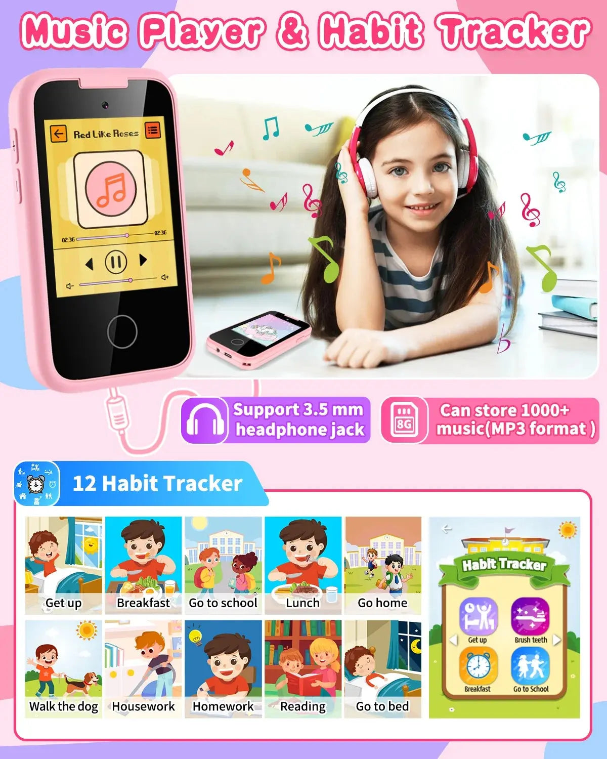 Kids Smart Phone for Girls - Touchscreen Device with Dual Camera, Music, Games, and Learning Features - Ideal Gift for Ages 6-8, Includes 8G SD Card, Perfect for Christmas and Birthdays