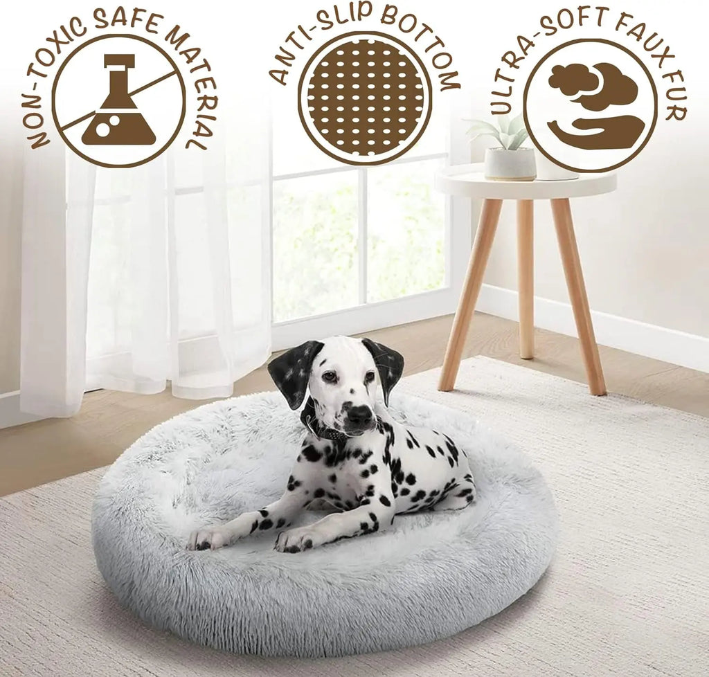 Large Dog Bed - Faux Fur Fluffy Calming Sofa, Soft & Plush Anti-Anxiety Pet Couch, Machine Washable with Non-Slip Bottom, 36"x36"x8", Ivory