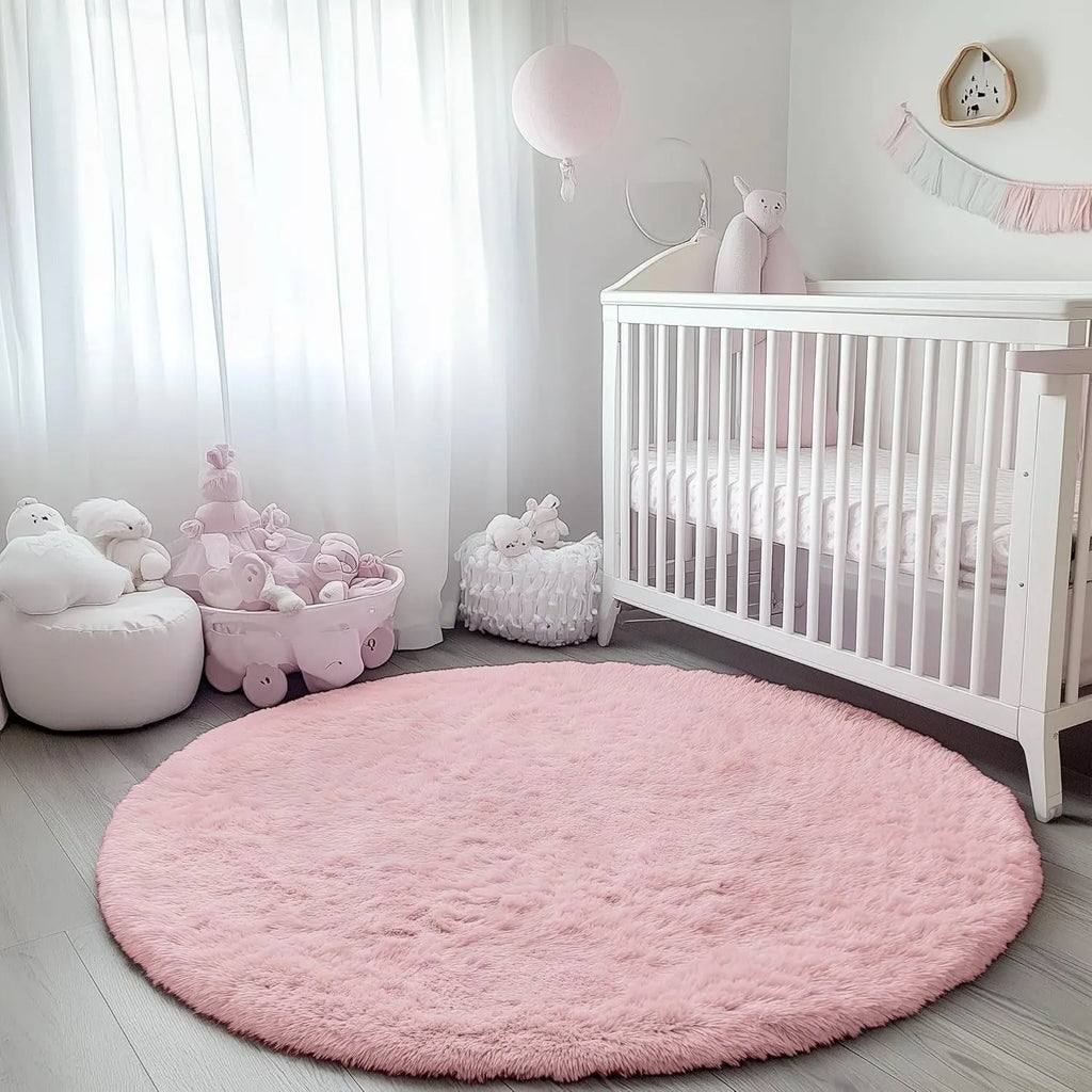 Light Pink Round Area Rug - 2ft Soft Plush Shaggy Carpet for Bedroom, Living Room, and Nursery - Washable Fluffy Mat for Kids and Pets - Aesthetic Home Decor