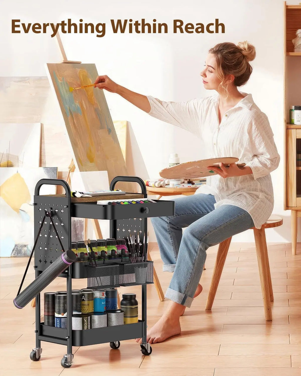 3-Tier Metal Rolling Utility Cart with Drawer and Wooden Tabletop, Features DIY Pegboards, Hanging Baskets, and Hooks for Versatile Use in Bedroom, Office, and Craft Supplies (Black)