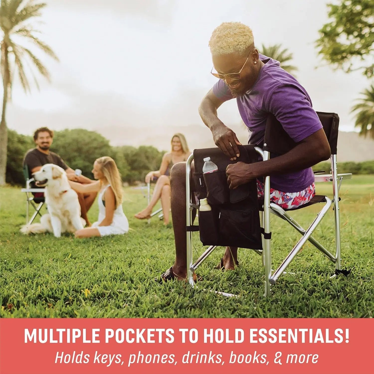 Sports Chair with Side Table - Foldable Padded Outdoor Camping Chair for Adults, 300-Lbs Capacity, Ideal for Lawn, Beach, and Sports Activities (Red)