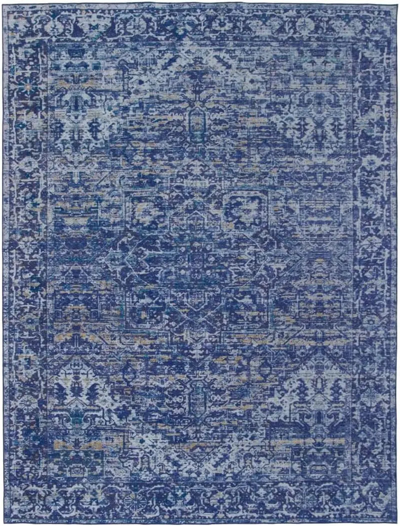 Realife Machine Washable Area Rug - Versatile Padded Low Pile Stain Resistant Design for Living Room, Bedroom, Bathroom, Kitchen, Entryway, and Office - Boho Vintage Traditional Style - Lyle in Blue, 7'6" x 9'6