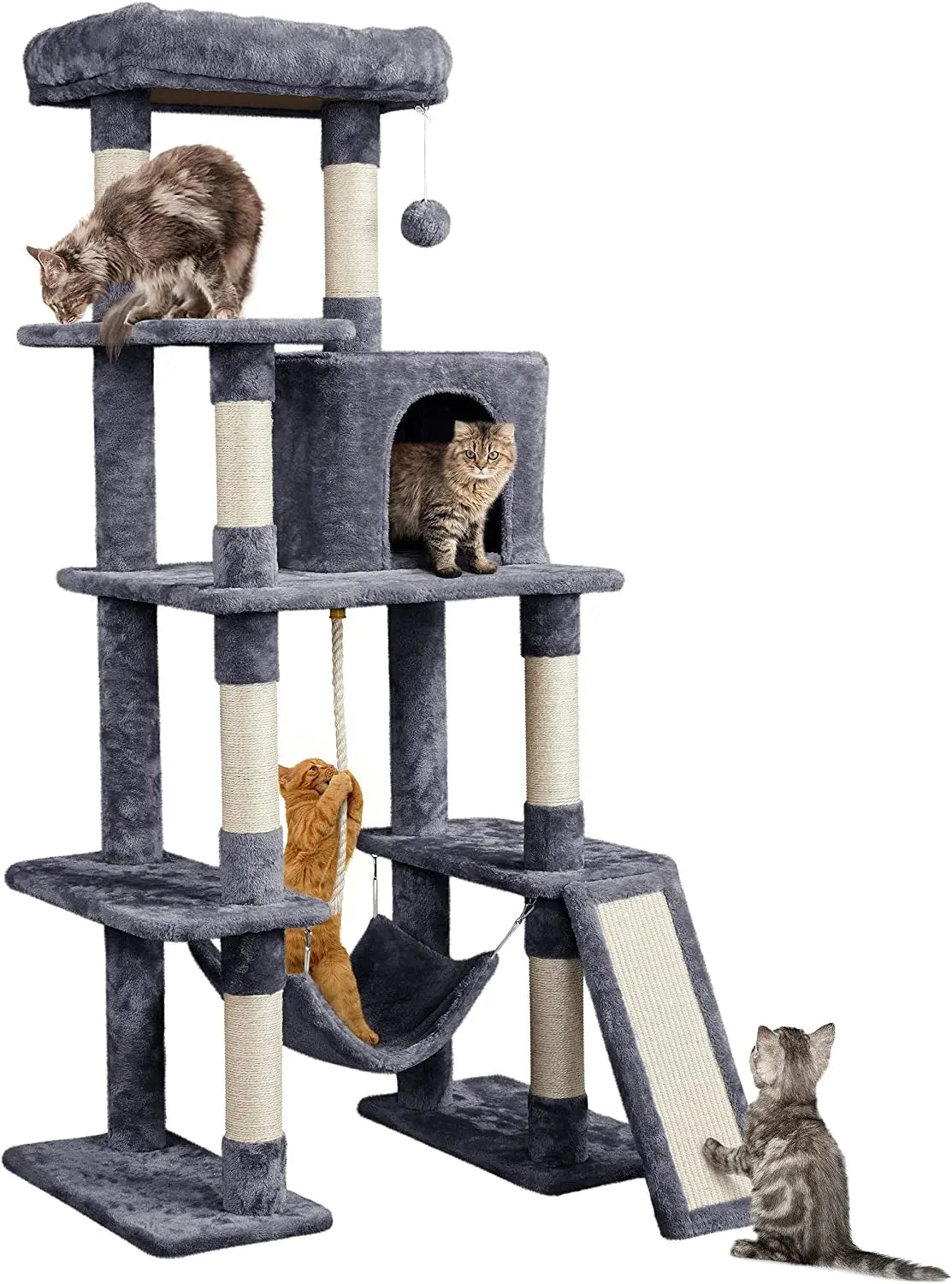 63-Inch Multi-Level Cat Tree with Sisal Scratching Posts, Condo, Hammock, Hanging Toy, and Extended Platform for Play and Rest