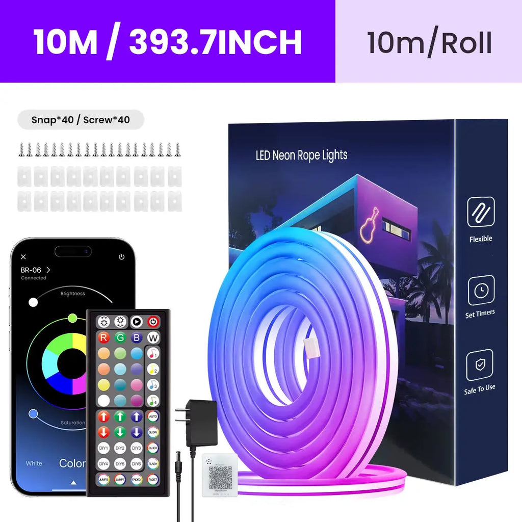 Flexible RGB LED Rope Lights with Remote and App Control for Bedroom Ambiance
