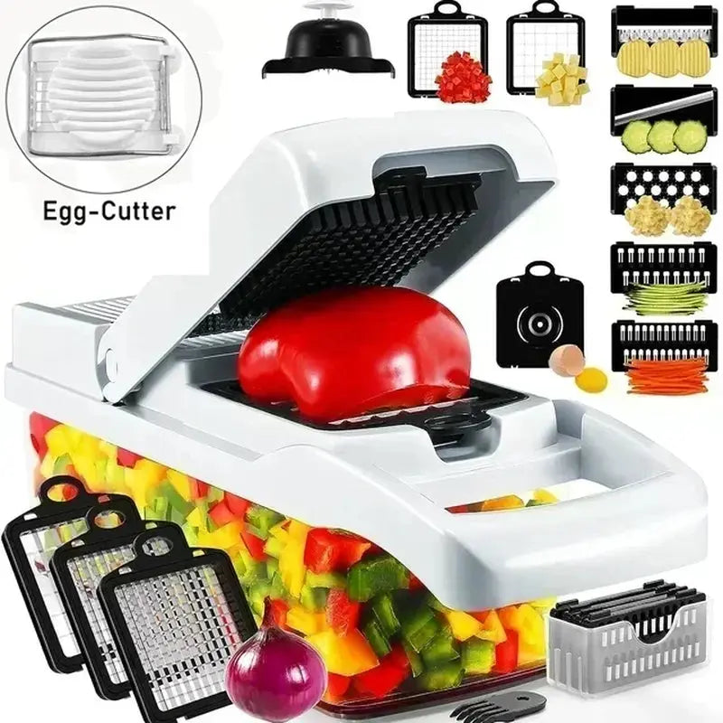 12-in-1 Manual Vegetable Cutter and Food Chopper with Container - Multifunctional Kitchen Gadget for Slicing and Shredding Potatoes and Vegetables